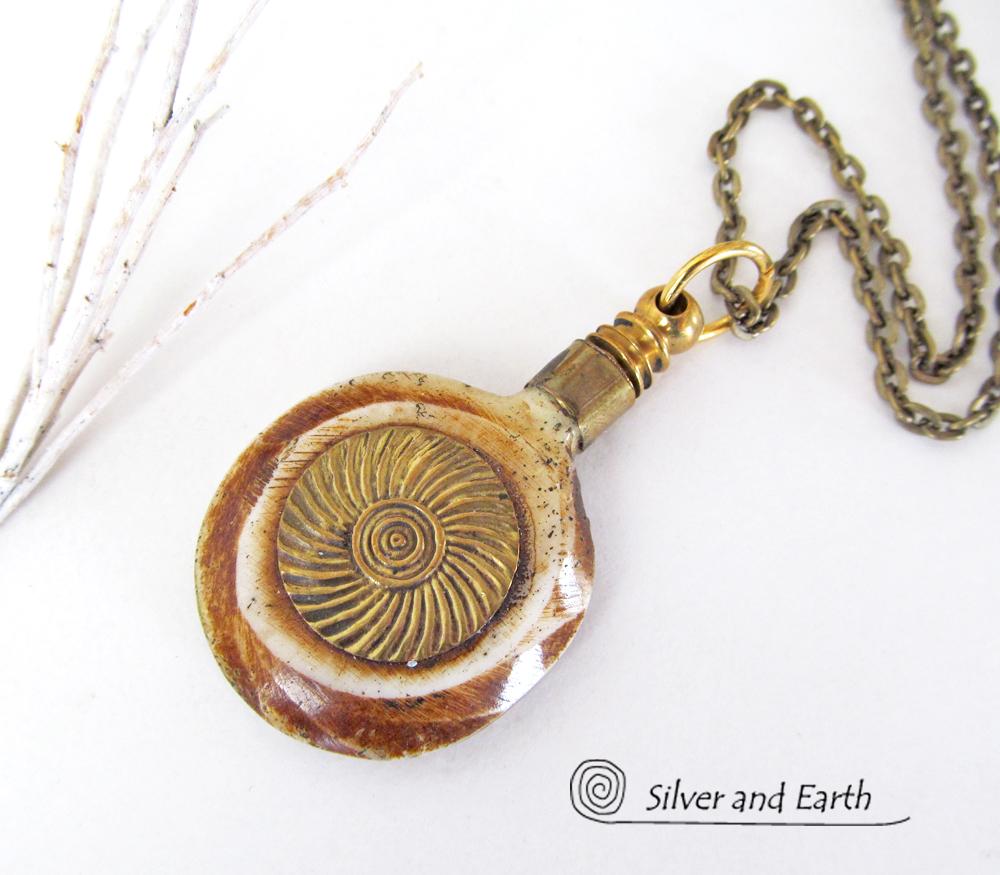 African Carved Bone Necklace on Antiqued Brass Chain - Boho Tribal Jewelry