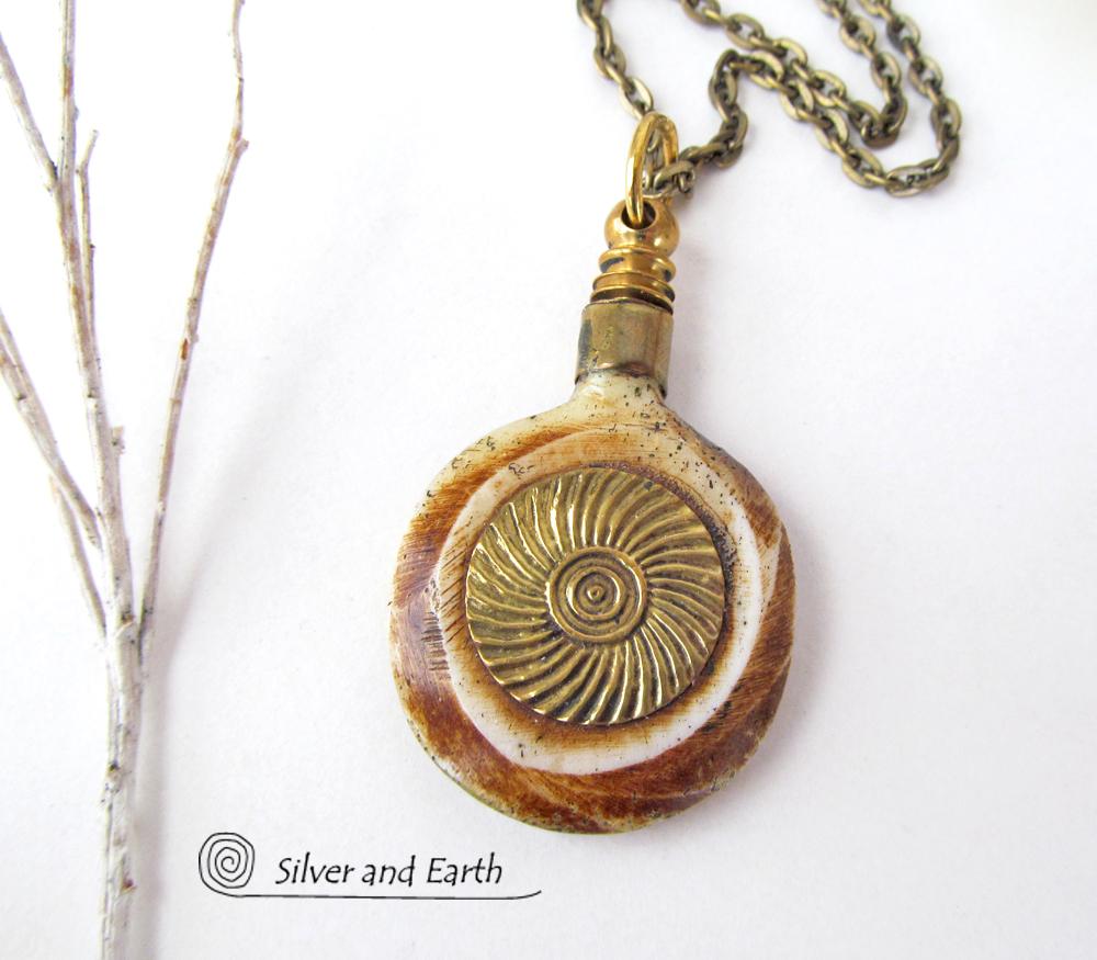 African Carved Bone Necklace on Antiqued Brass Chain - Boho Tribal Jewelry