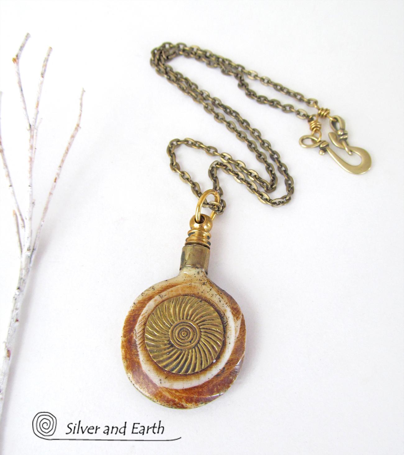 African Carved Bone Necklace on Antiqued Brass Chain - Boho Tribal Jewelry