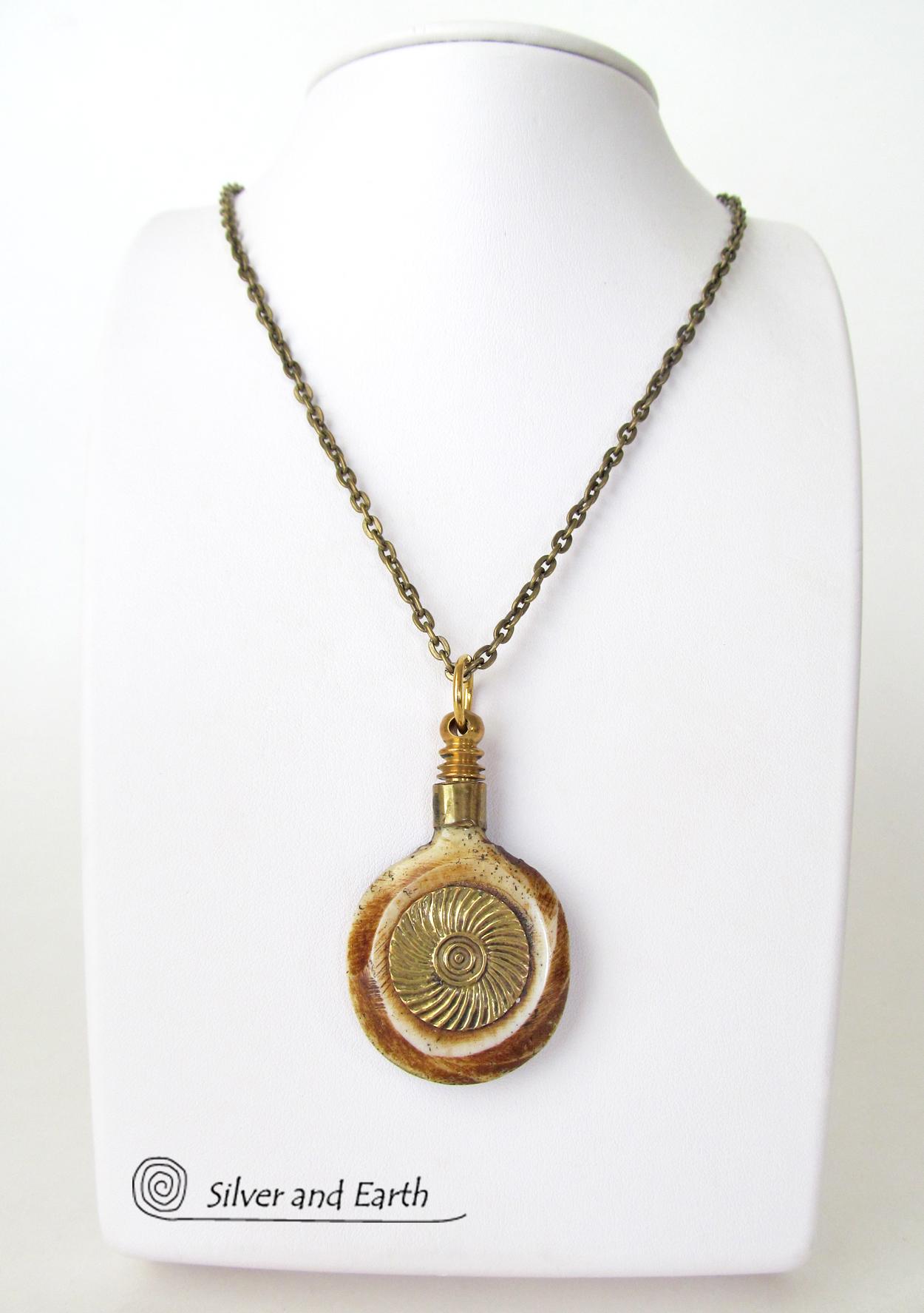 African Carved Bone Necklace on Antiqued Brass Chain - Boho Tribal Jewelry