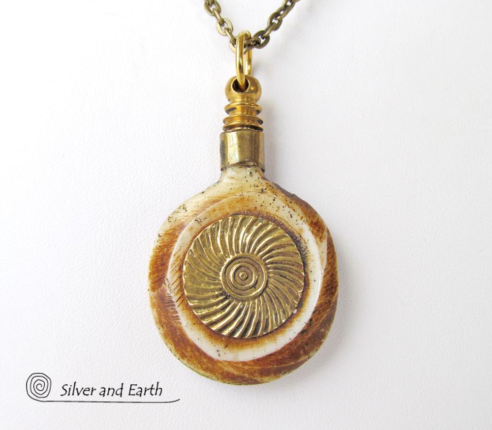 African Carved Bone Necklace on Antiqued Brass Chain - Boho Tribal Jewelry