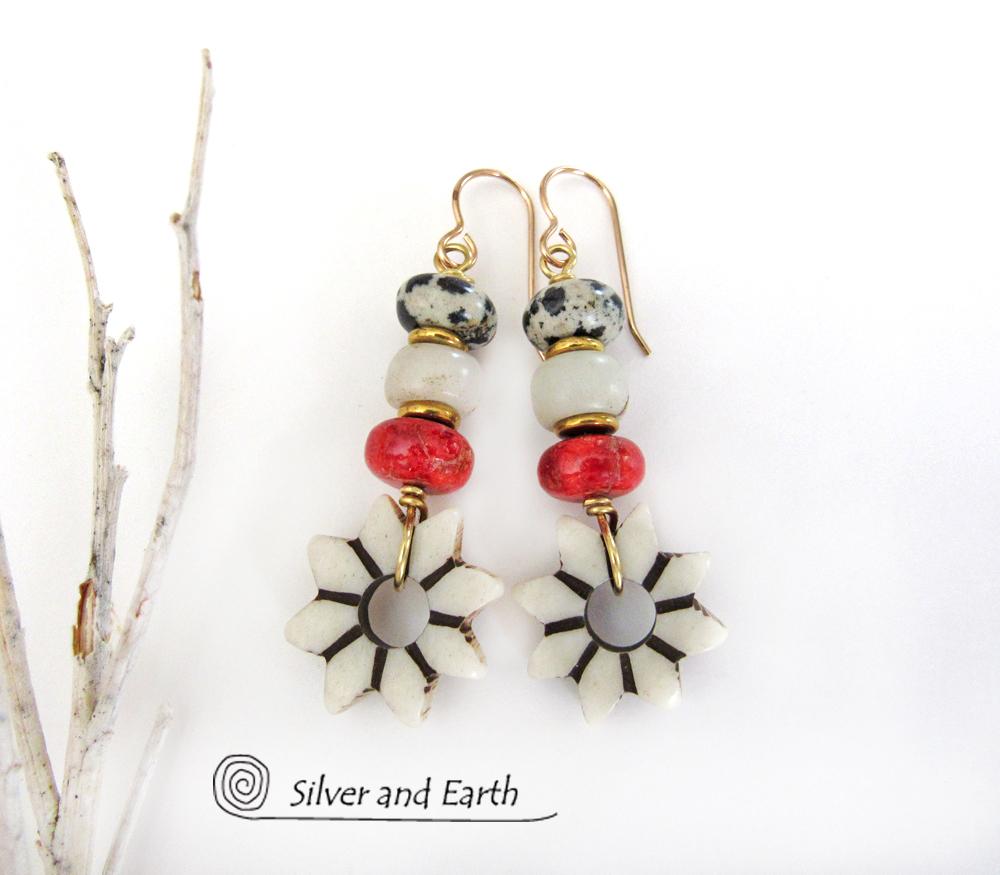 Flower Earrings with Carved African Bone, Red Coral and Dalmatian Jasper Stones