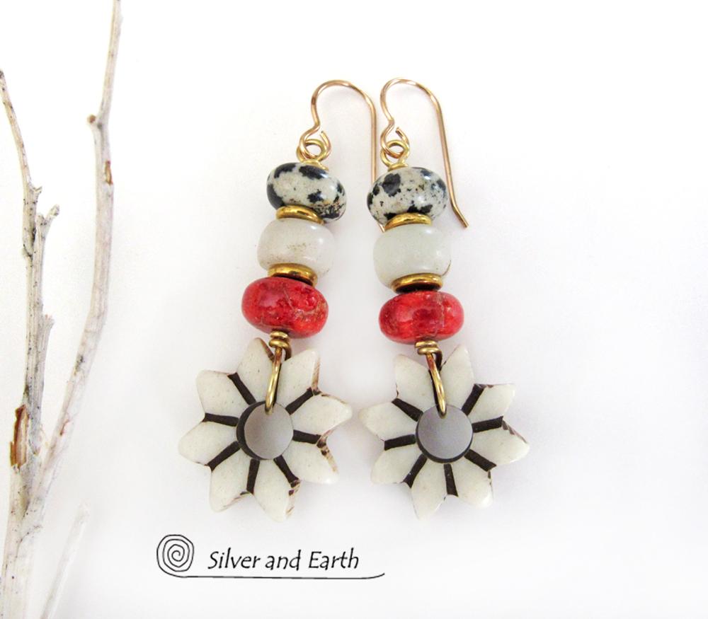 Flower Earrings with Carved African Bone, Red Coral and Dalmatian Jasper Stones