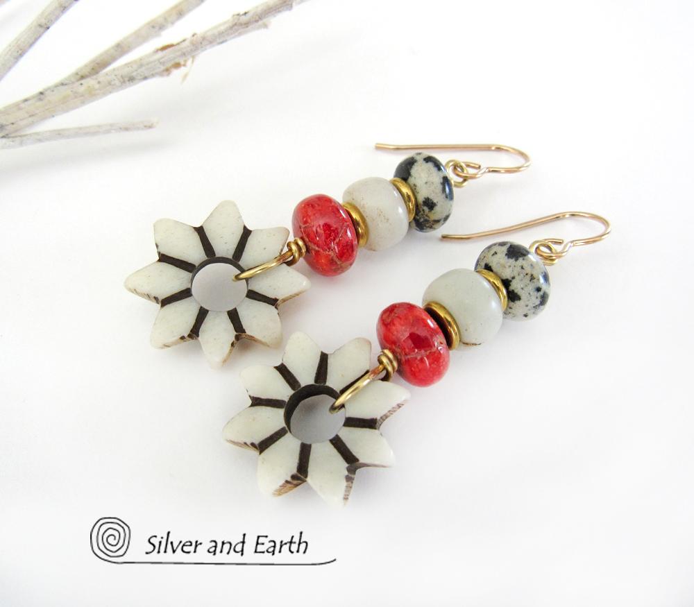 Flower Earrings with Carved African Bone, Red Coral and Dalmatian Jasper Stones