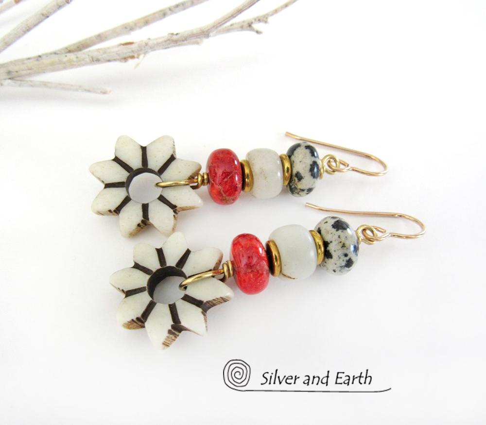 Flower Earrings with Carved African Bone, Red Coral and Dalmatian Jasper Stones