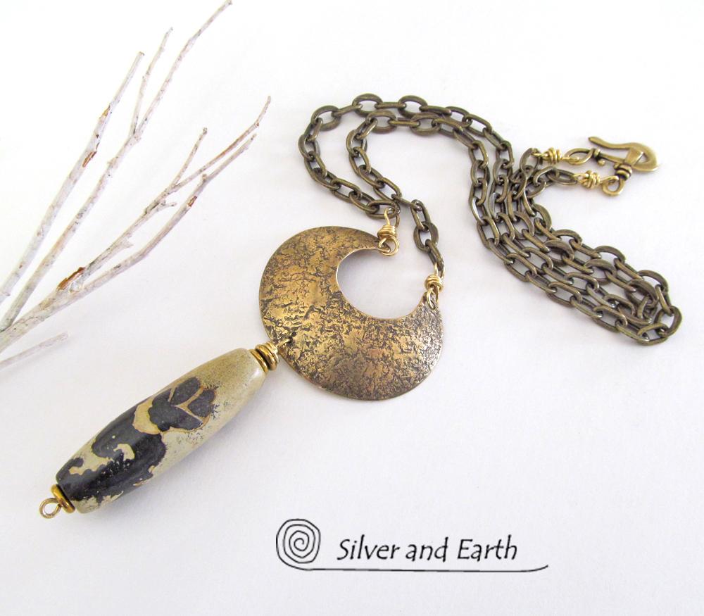 Gold Brass Crescent Moon Necklace with Paintbrush Jasper Stone
