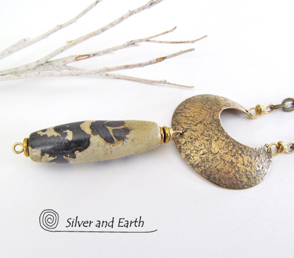 Gold Brass Crescent Moon Necklace with Paintbrush Jasper Stone