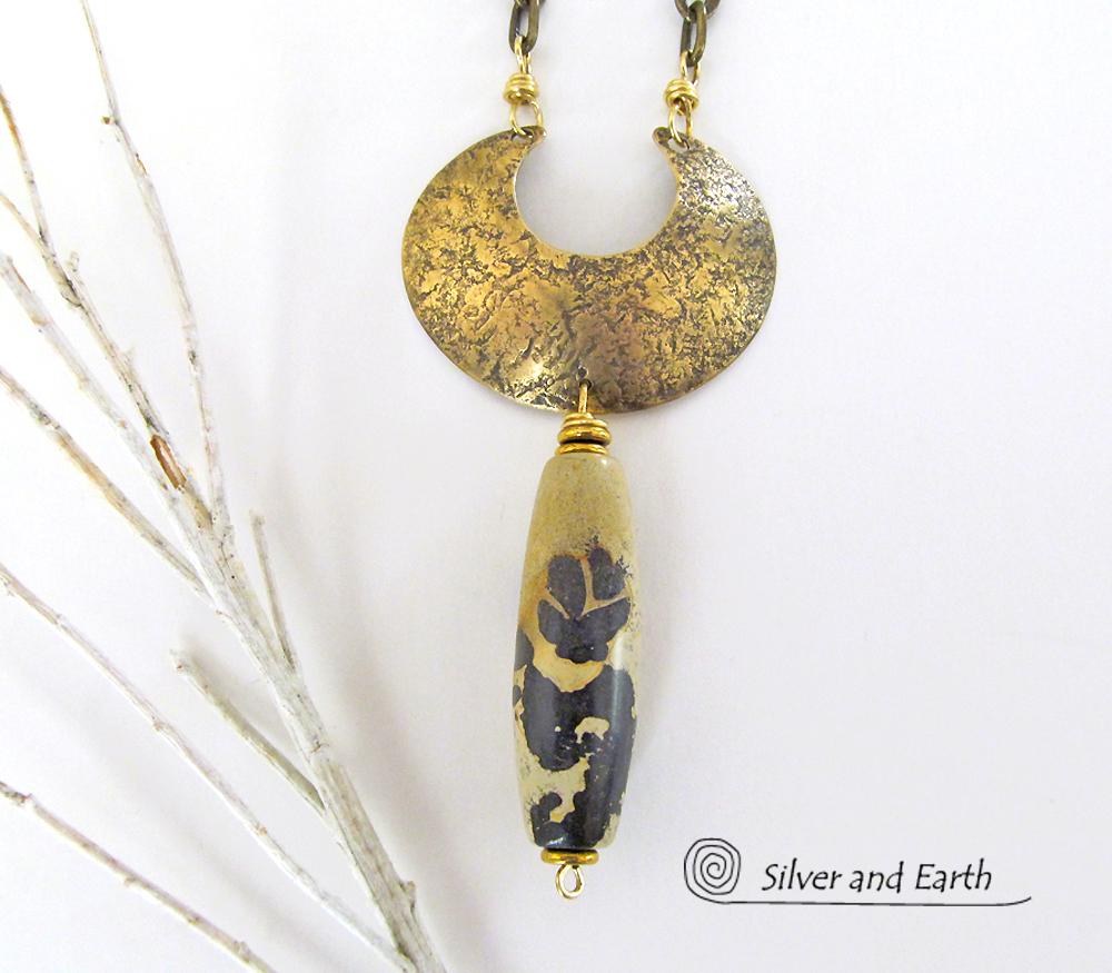 Gold Brass Crescent Moon Necklace with Paintbrush Jasper Stone