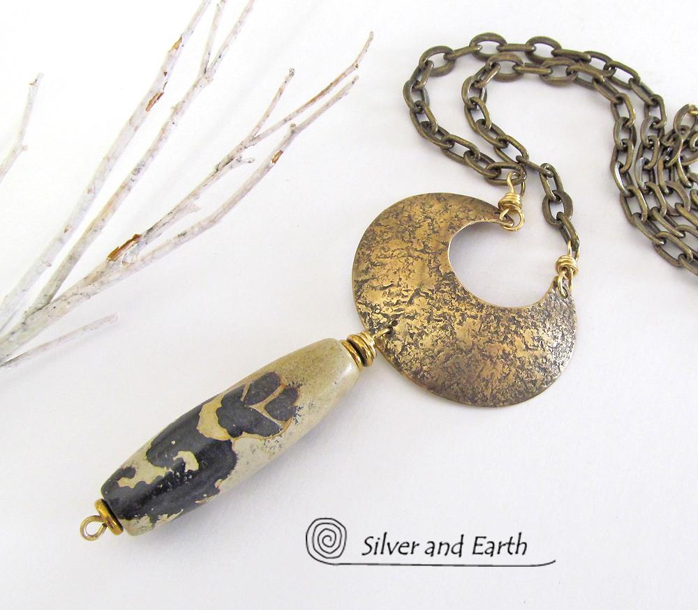 Gold Brass Crescent Moon Necklace with Paintbrush Jasper Stone