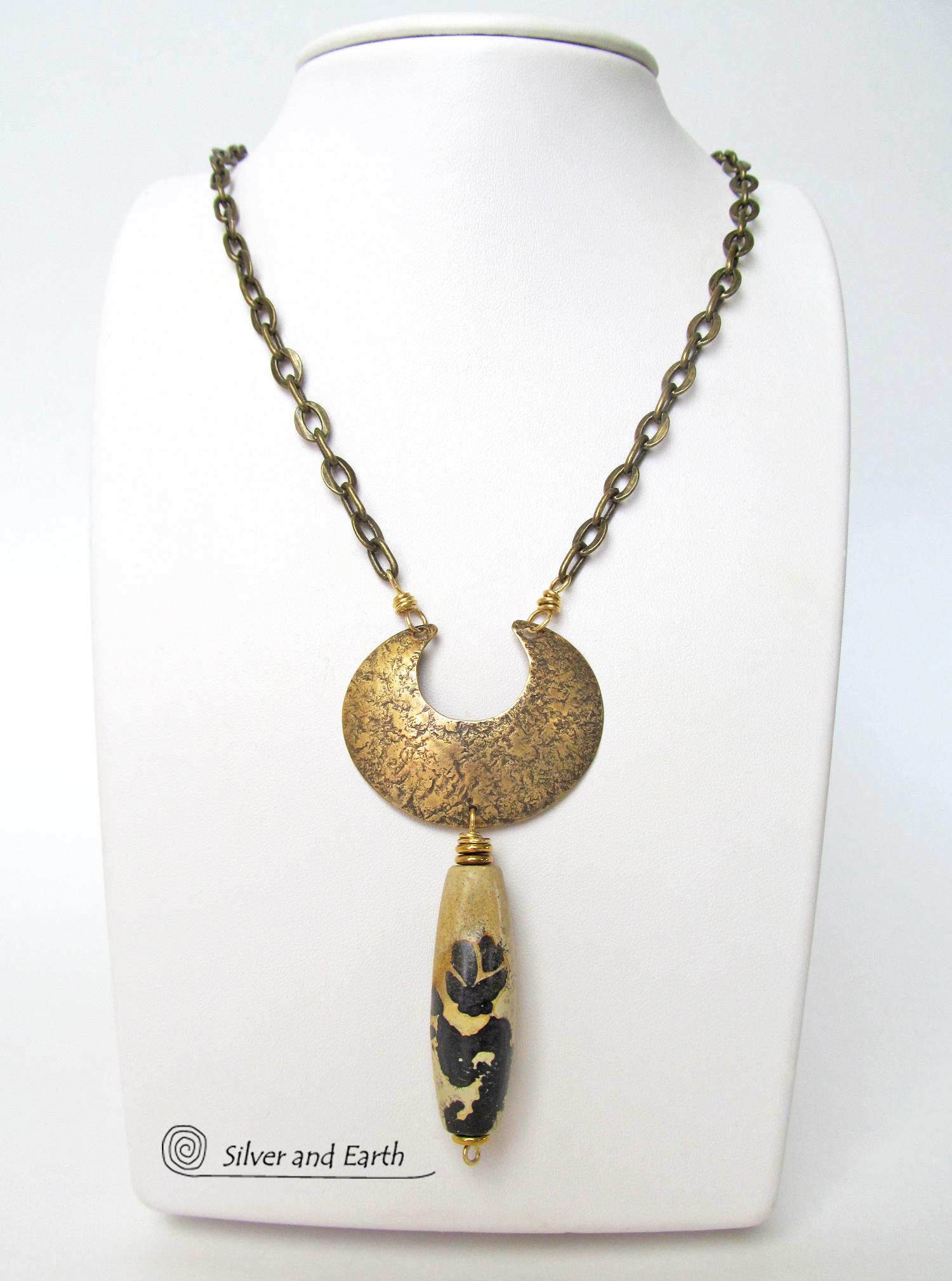 Gold Brass Crescent Moon Necklace with Paintbrush Jasper Stone