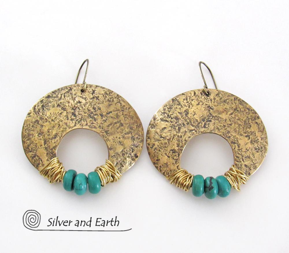 Gold Brass Crescent Moon Earrings with Turquoise - Bold Exotic Statement Jewelry