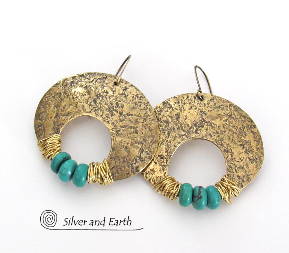 Gold Brass Crescent Moon Earrings with Turquoise - Bold Exotic Statement Jewelry