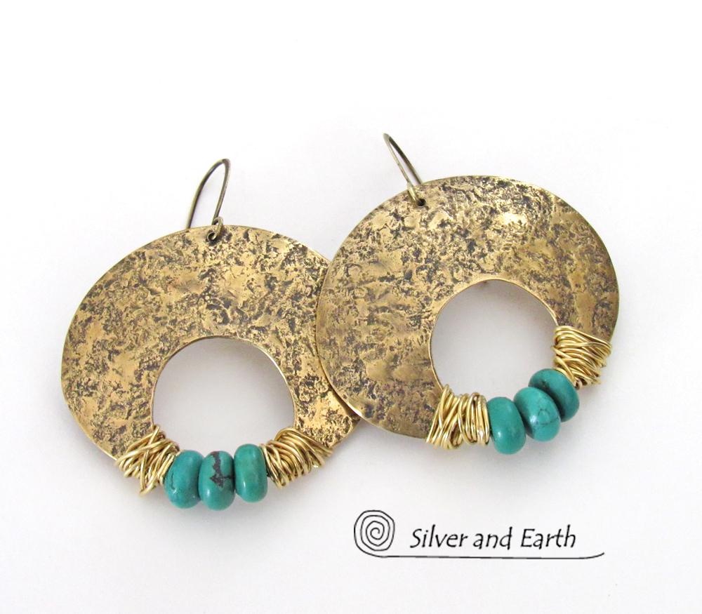 Gold Brass Crescent Moon Earrings with Turquoise - Bold Exotic Statement Jewelry