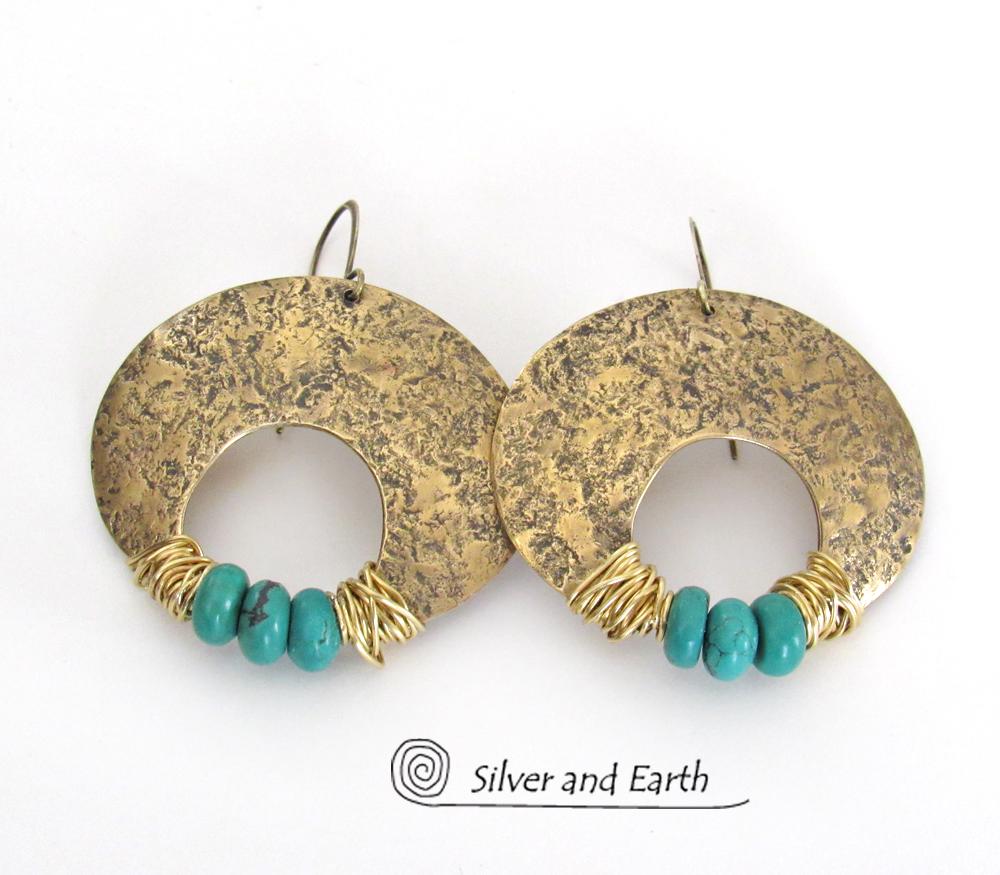 Gold Brass Crescent Moon Earrings with Turquoise - Bold Exotic Statement Jewelry