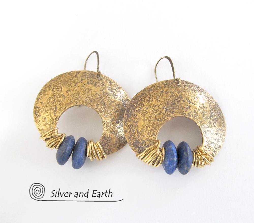 Gold Brass Crescent Moon Earrings with Lapis - Bold Exotic Statement Jewelry