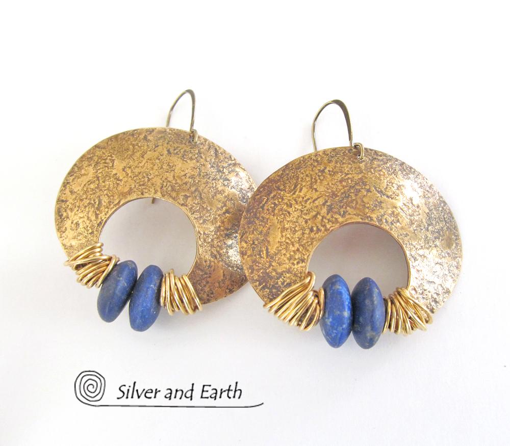 Gold Brass Crescent Moon Earrings with Lapis - Bold Exotic Statement Jewelry