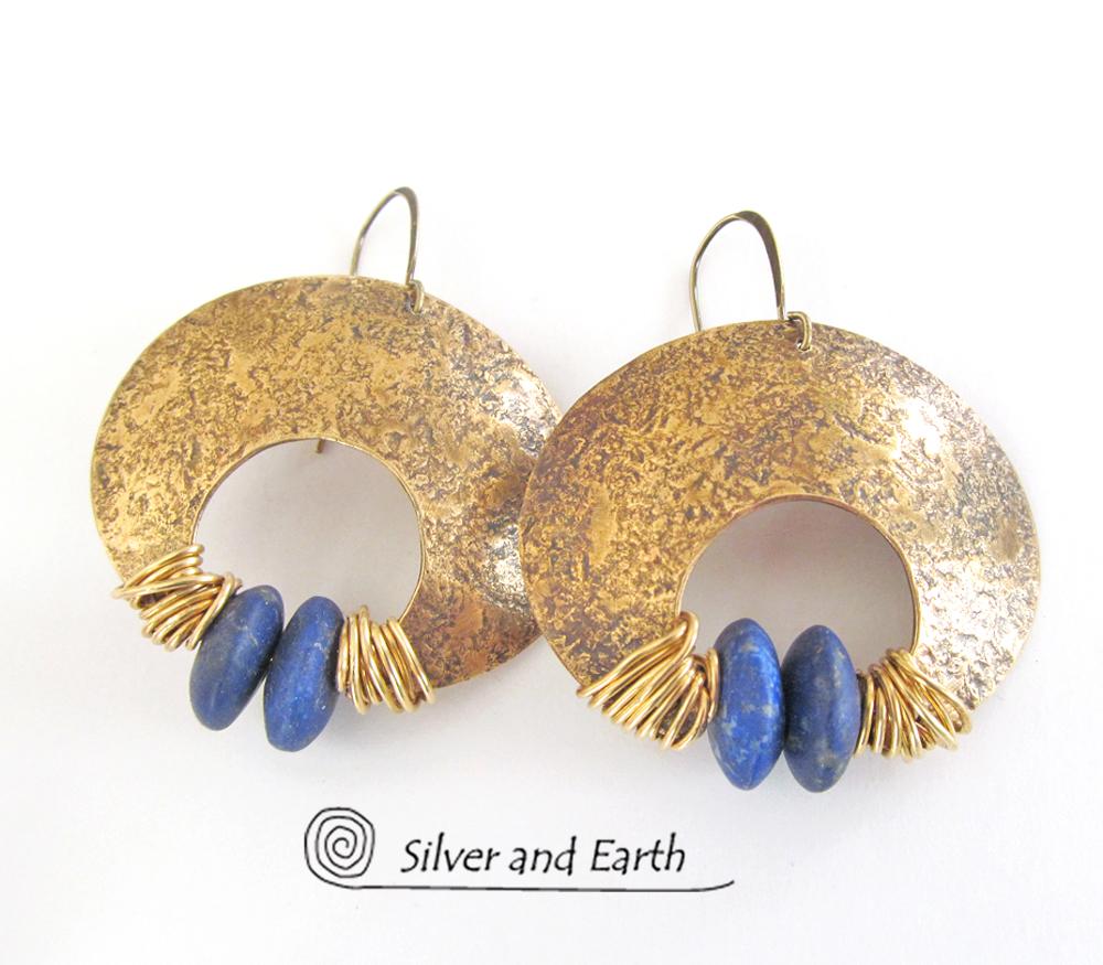 Gold Brass Crescent Moon Earrings with Lapis - Bold Exotic Statement Jewelry