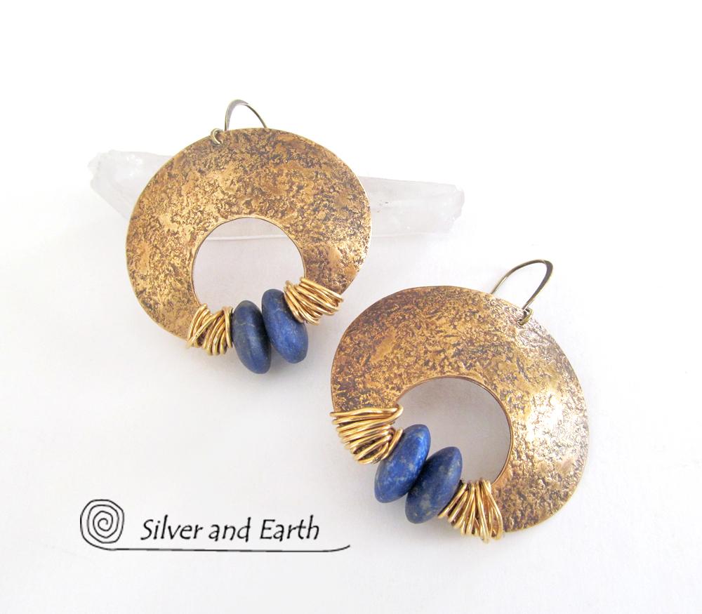 Gold Brass Crescent Moon Earrings with Lapis - Bold Exotic Statement Jewelry