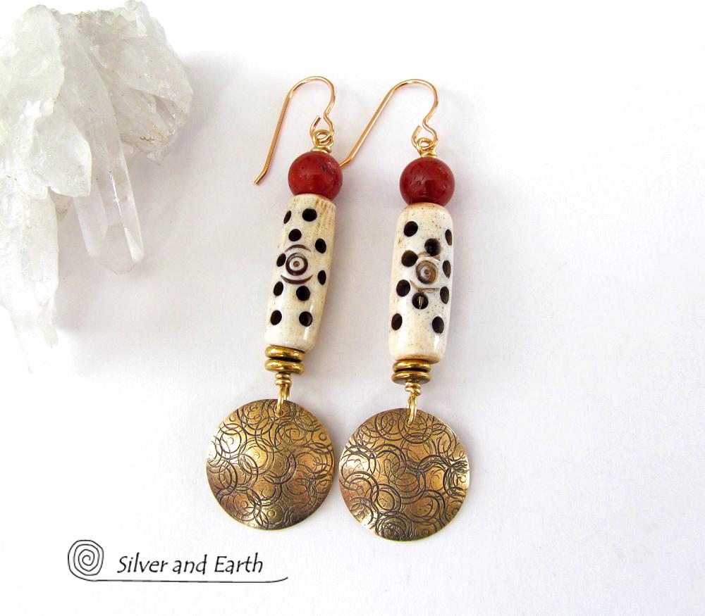 Gold Brass Earrings with Carved Bone & Red Jasper Stones - Boho Chic Jewelry