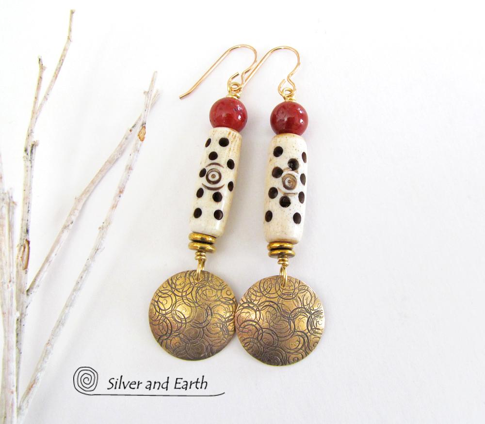 Gold Brass Earrings with Carved Bone & Red Jasper Stones - Boho Chic Jewelry