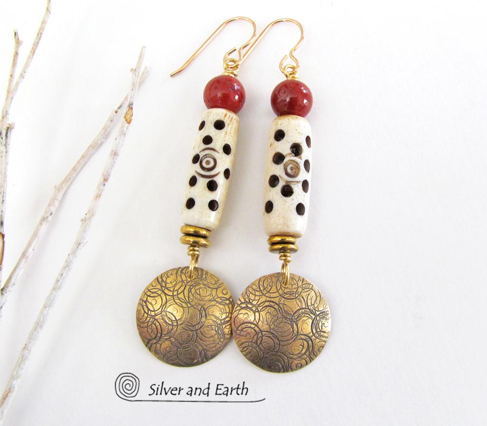 Gold Brass Earrings with Carved Bone & Red Jasper Stones - Boho Chic Jewelry