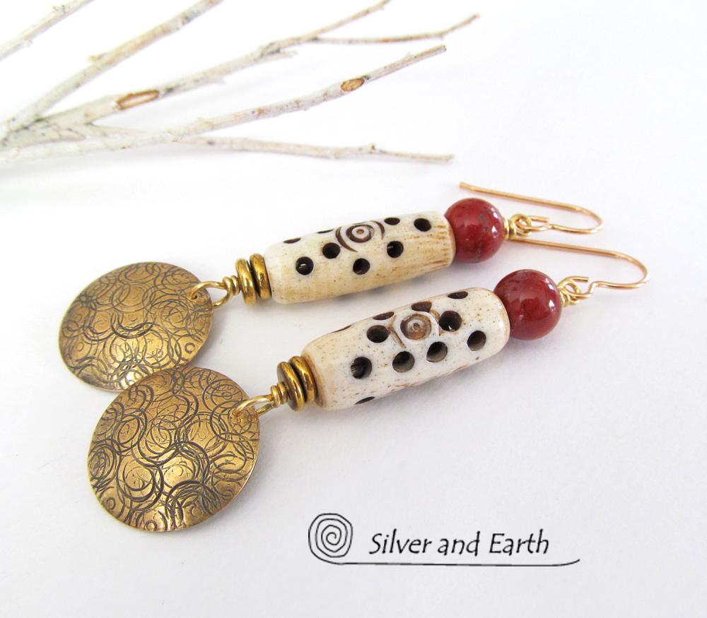 Gold Brass Earrings with Carved Bone & Red Jasper Stones - Boho Chic Jewelry