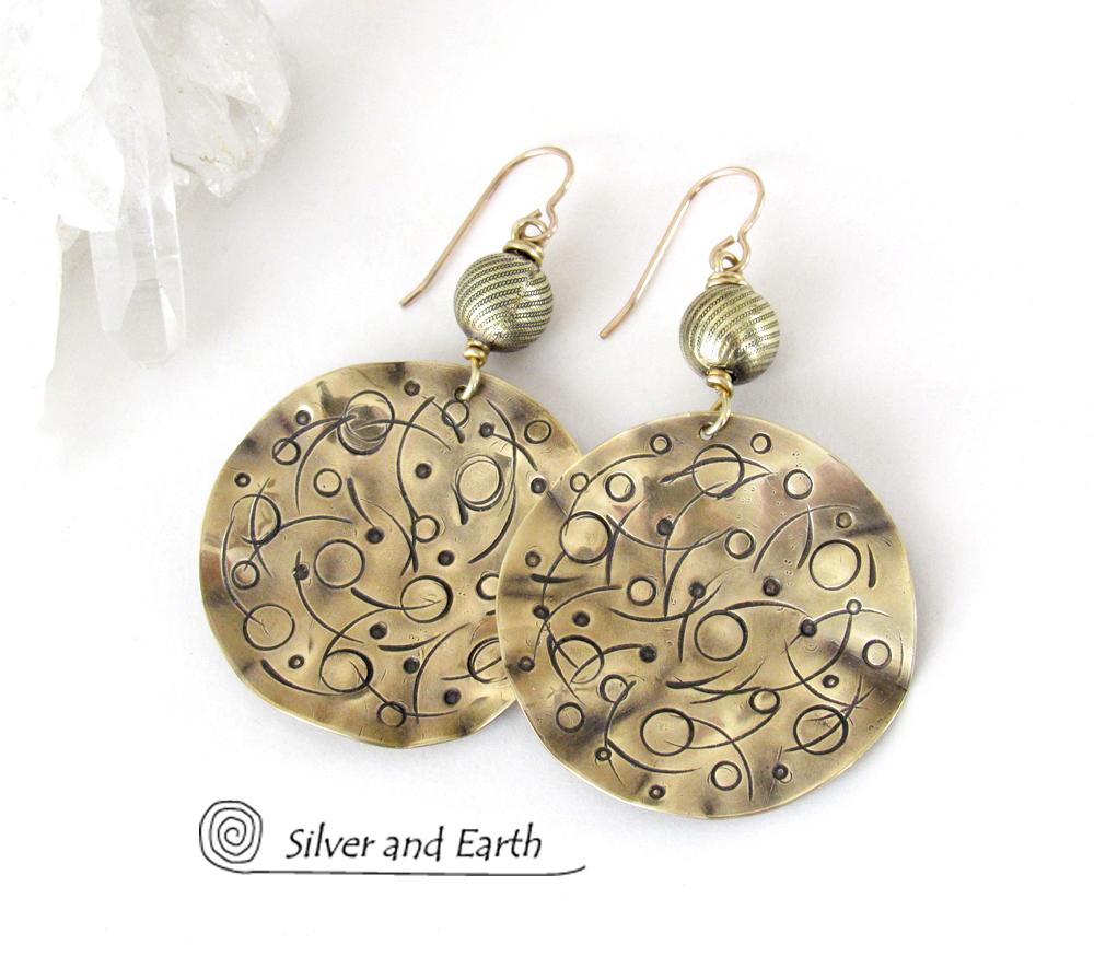 Gold Brass Earrings with Planetary Celestial Orbit Hand Stamped Texture