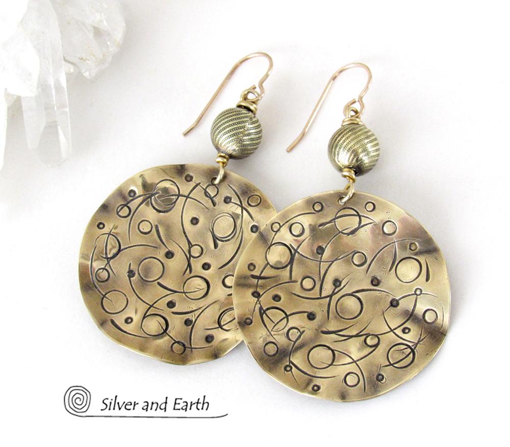 Gold Brass Earrings with Planetary Celestial Orbit Hand Stamped Texture