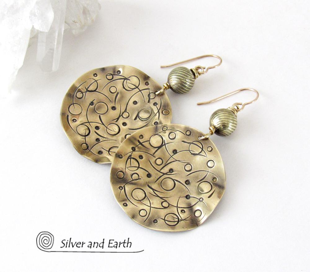 Gold Brass Earrings with Planetary Celestial Orbit Hand Stamped Texture