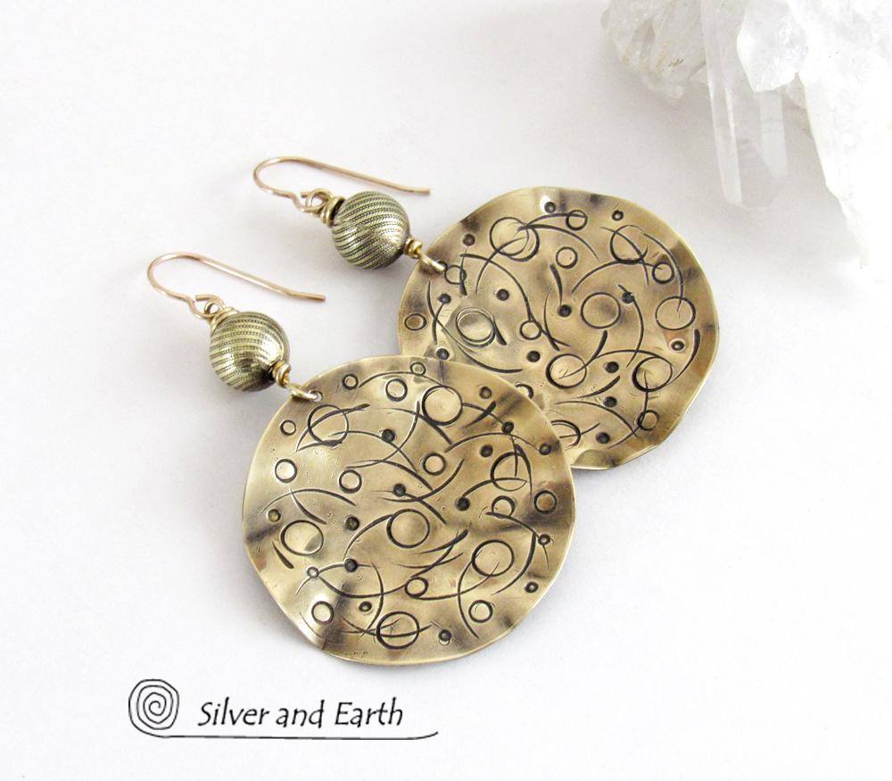 Gold Brass Earrings with Planetary Celestial Orbit Hand Stamped Texture