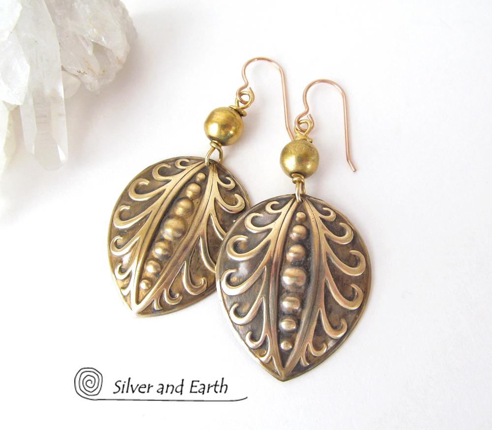 Gold Brass Earrings with Embossed Texture - Handcrafted Metal Jewelry