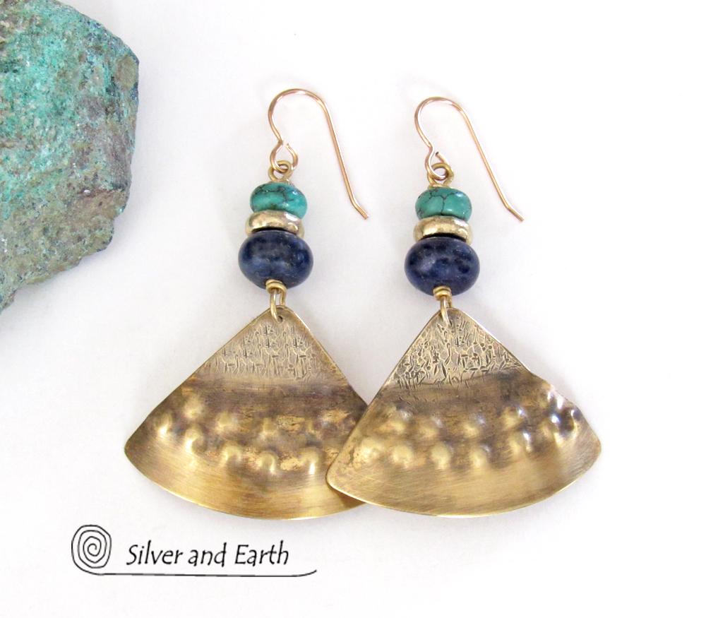 Gold Brass Earrings with Lapis Lazuli & Turquoise - Egyptian Inspired Jewelry