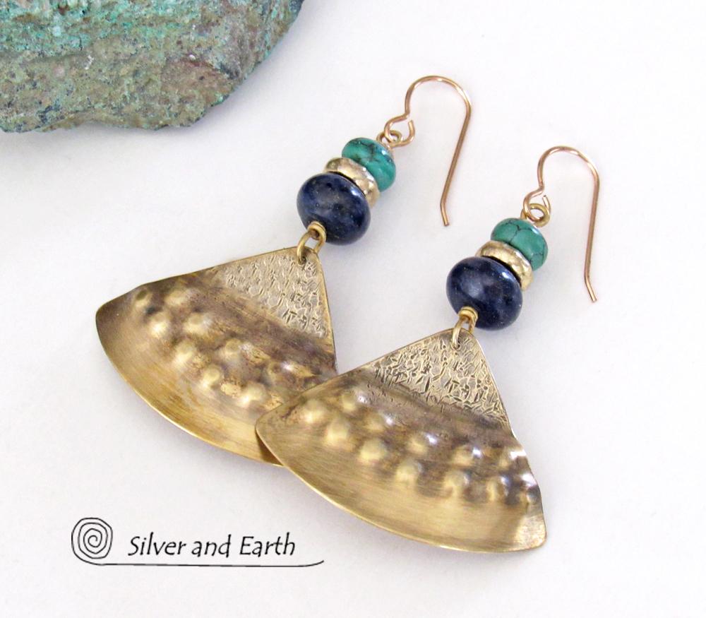 Gold Brass Earrings with Lapis Lazuli & Turquoise - Egyptian Inspired Jewelry