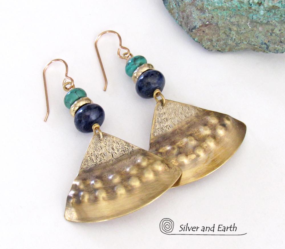 Gold Brass Earrings with Lapis Lazuli & Turquoise - Egyptian Inspired Jewelry