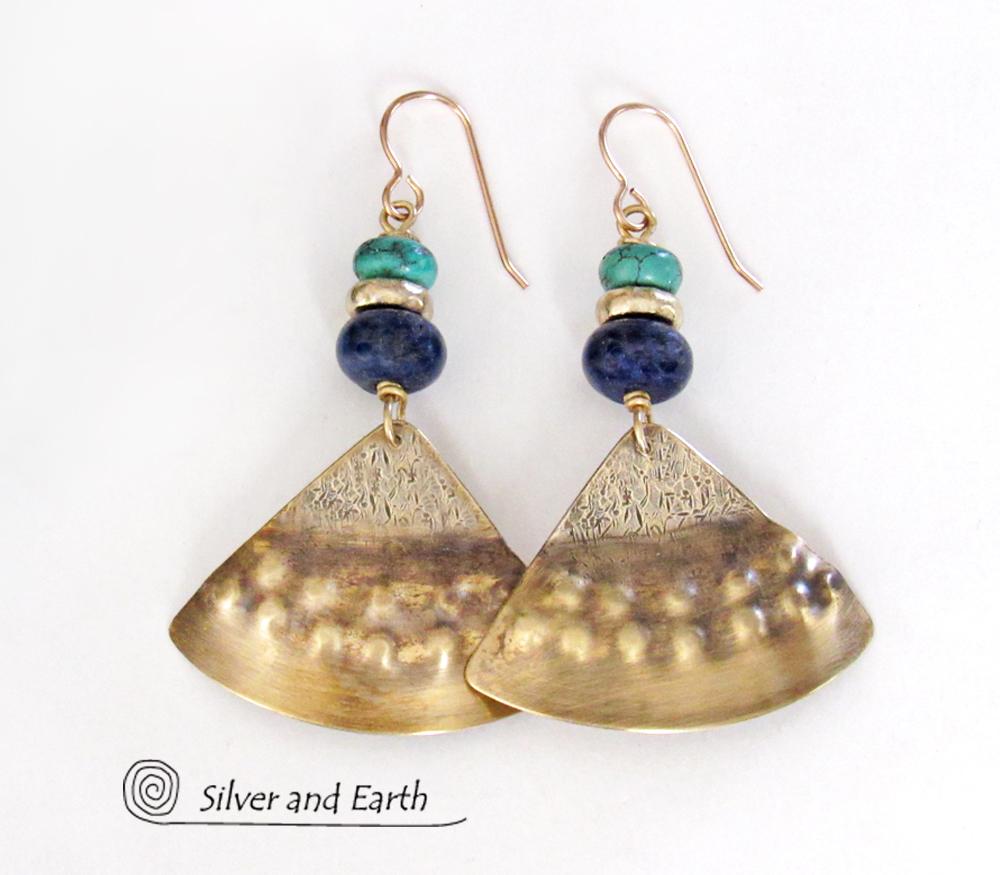 Gold Brass Earrings with Lapis Lazuli & Turquoise - Egyptian Inspired Jewelry