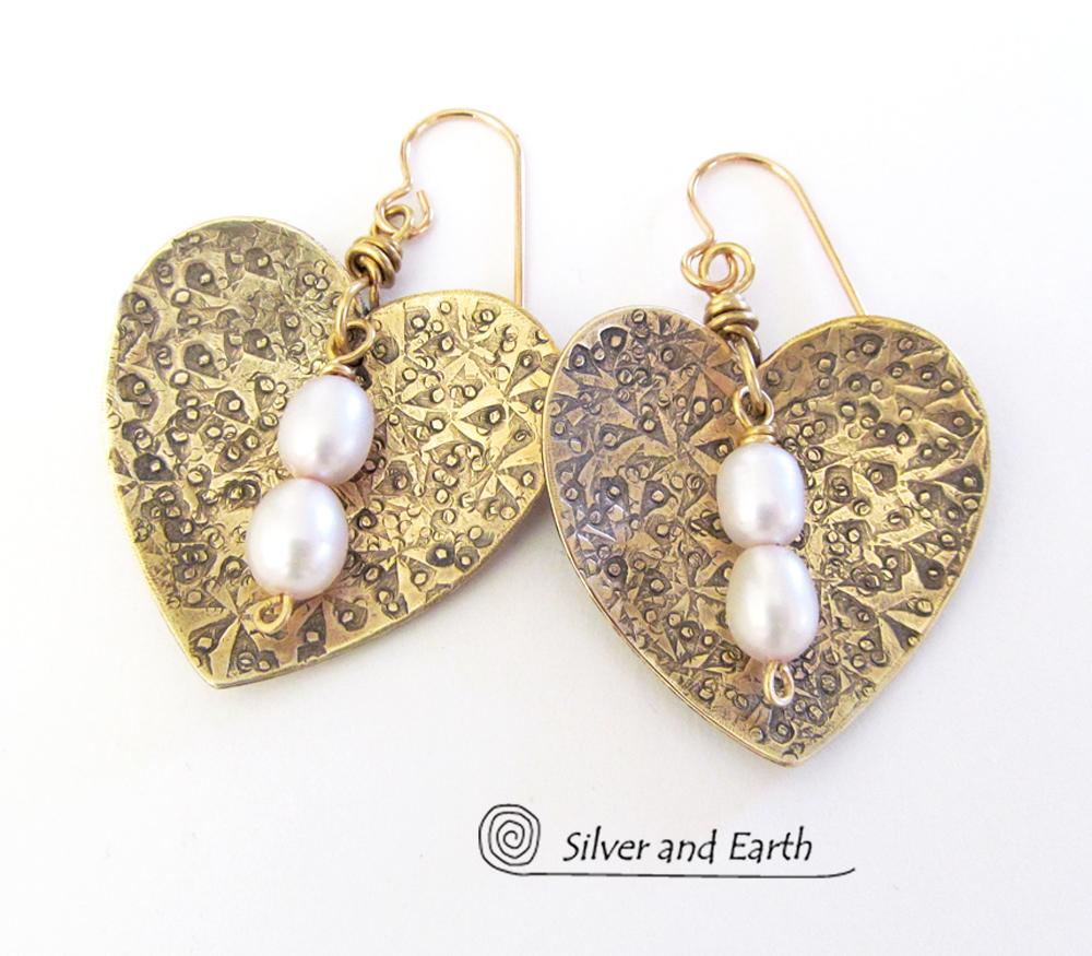 Gold Brass Heart Earrings with White Pearls - Anniversary Gifts for Women