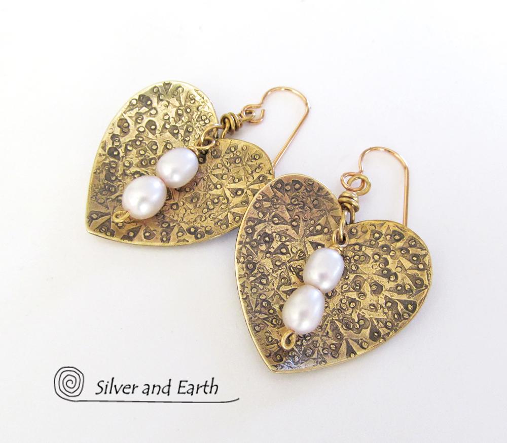Gold Brass Heart Earrings with White Pearls - Anniversary Gifts for Women