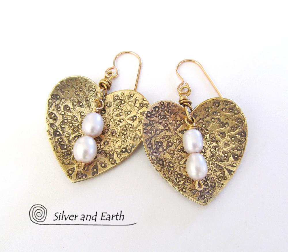 Gold Brass Heart Earrings with White Pearls - Anniversary Gifts for Women
