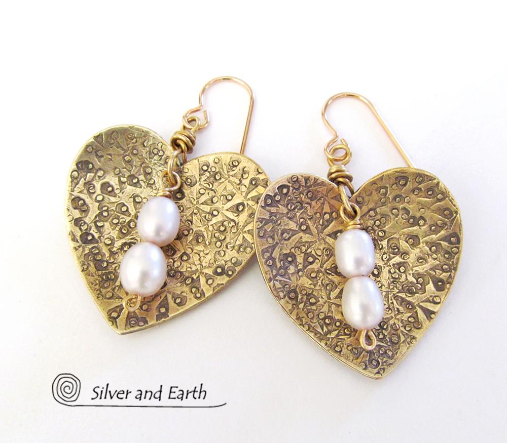 Gold Brass Heart Earrings with White Pearls - Anniversary Gifts for Women