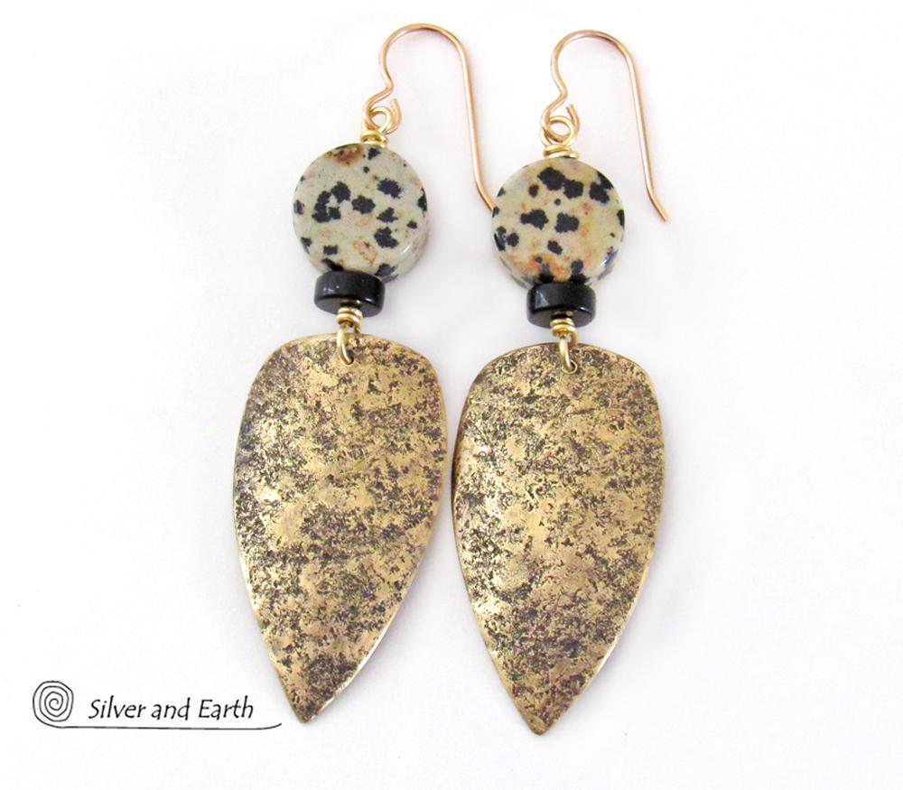 Gold Brass Tribal Shield Earrings with Dalmatian Jasper Stones