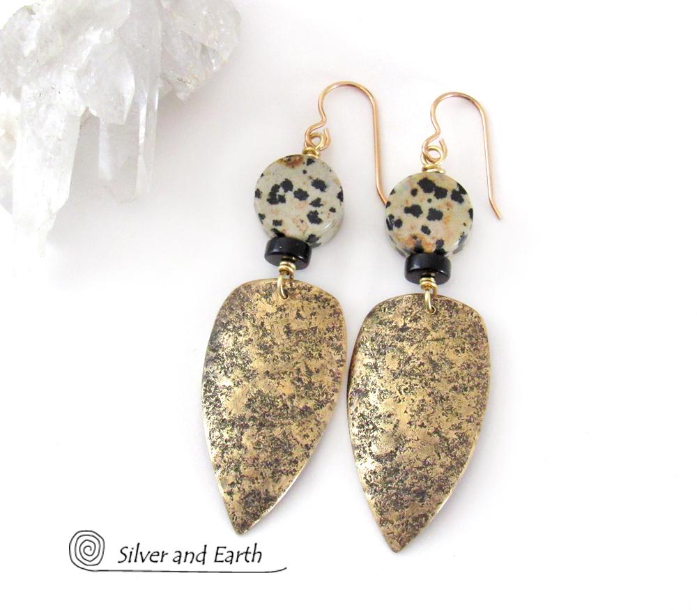 Gold Brass Tribal Shield Earrings with Dalmatian Jasper Stones