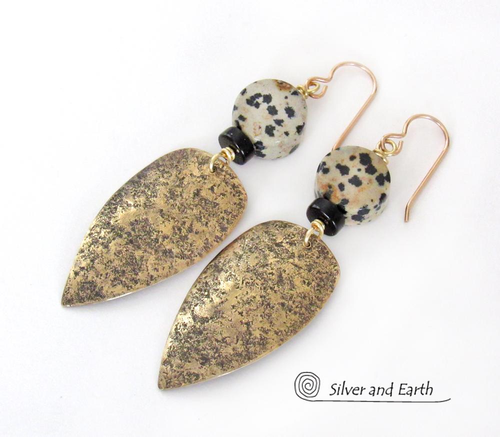 Gold Brass Tribal Shield Earrings with Dalmatian Jasper Stones