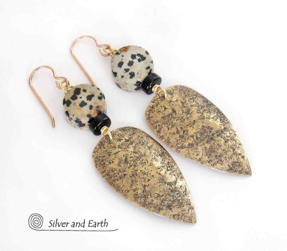 Gold Brass Tribal Shield Earrings with Dalmatian Jasper Stones