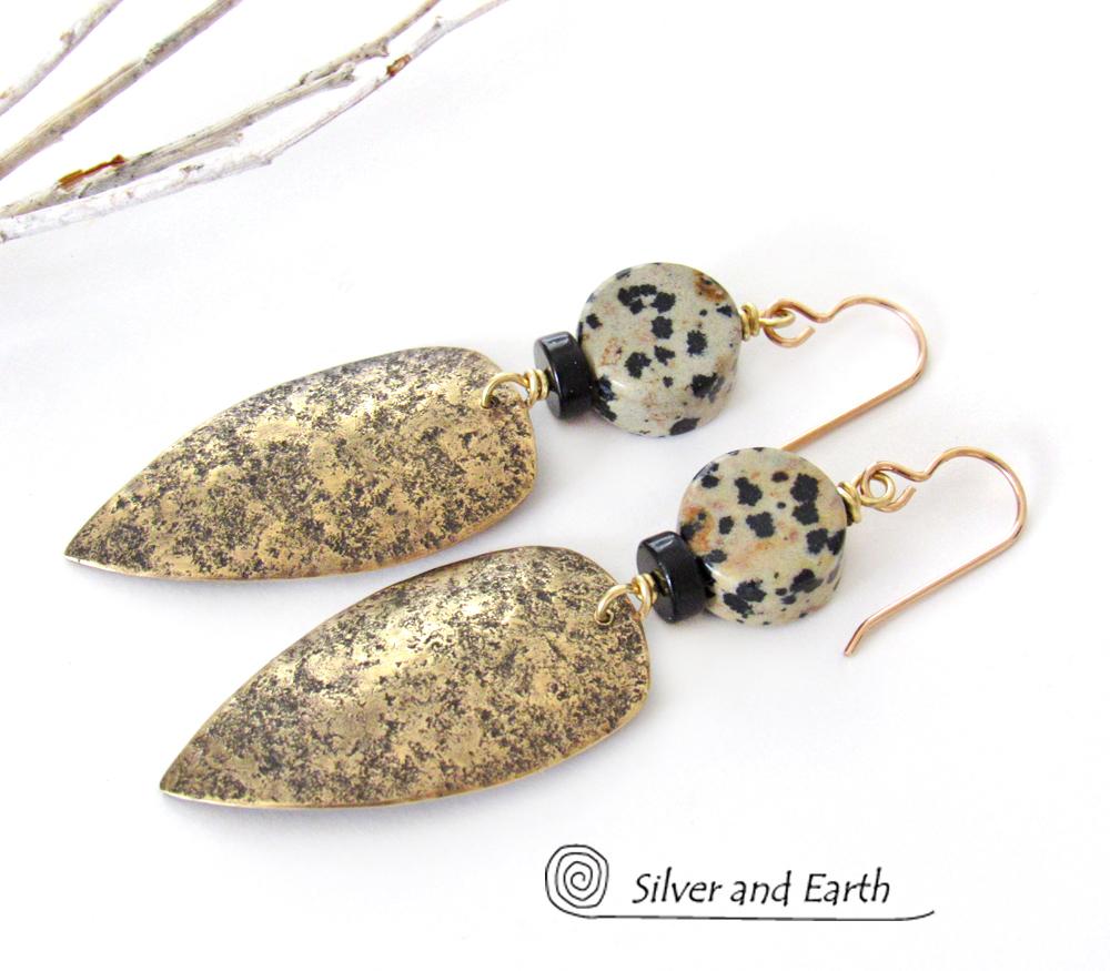 Gold Brass Tribal Shield Earrings with Dalmatian Jasper Stones