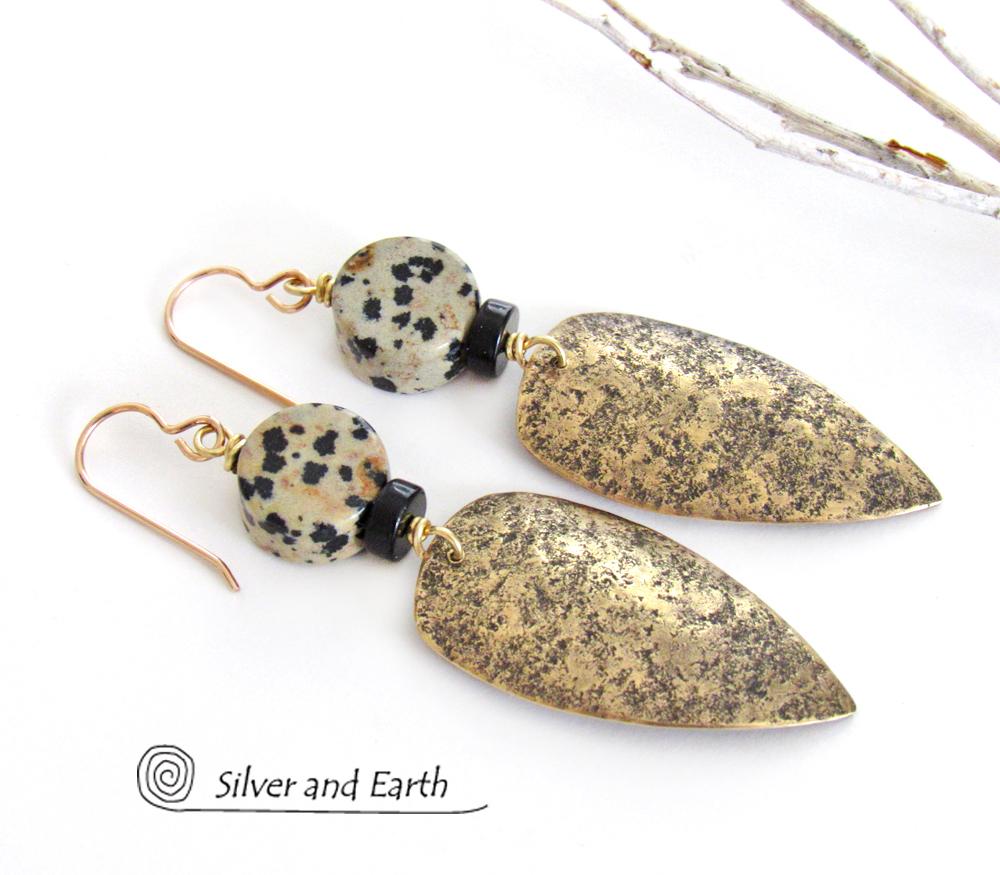 Gold Brass Tribal Shield Earrings with Dalmatian Jasper Stones