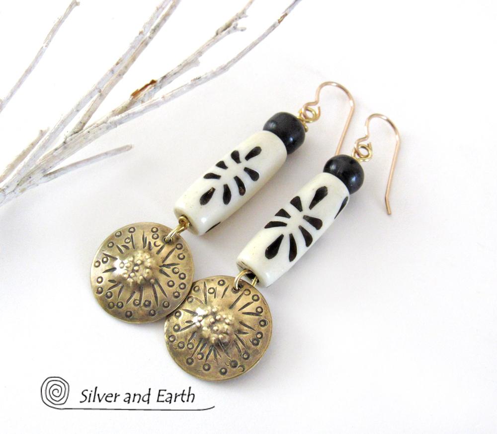 Gold Brass Earrings with African Carved Bone Beads - Unique Boho Tribal Jewelry