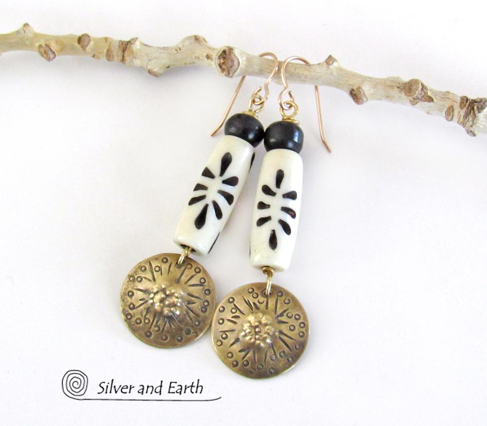 Gold Brass Earrings with African Carved Bone Beads - Unique Boho Tribal Jewelry