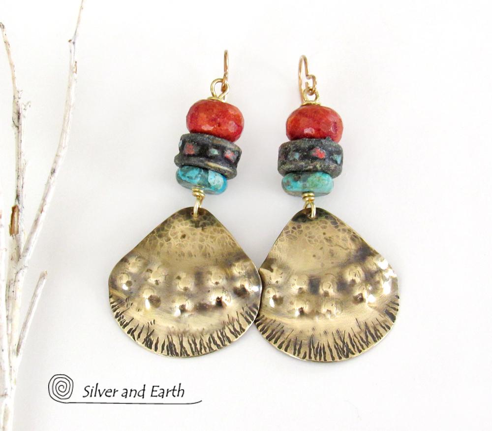 Brass Tribal Earrings with African Beads, Turquoise & Red Coral - Unique Handmade Boho Ethnic Style Jewelry