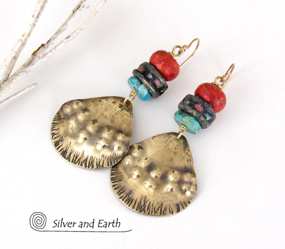 Brass Tribal Earrings with African Beads, Turquoise & Red Coral - Unique Handmade Boho Ethnic Style Jewelry