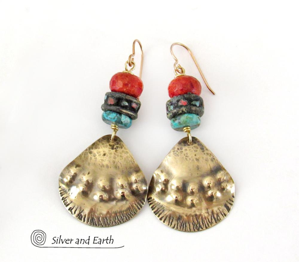 Brass Tribal Earrings with African Beads, Turquoise & Red Coral - Unique Handmade Boho Ethnic Style Jewelry